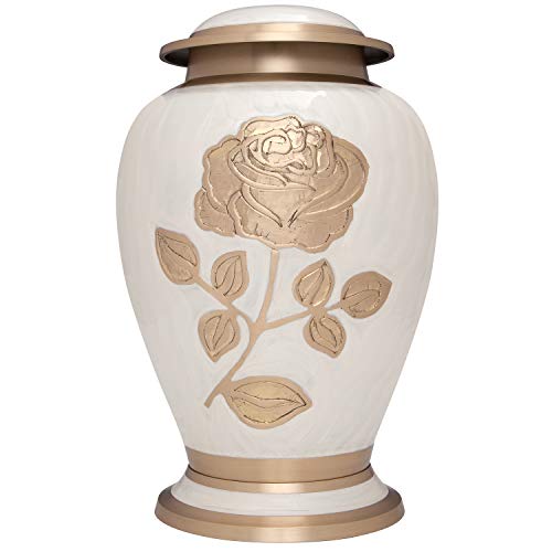 Product: Gold Rose Cremation Urn - Funeral Urn with Large Flower on Enamel - Burial Urn for Human Ashes Adult Size - 100% Brass (White-Gold)