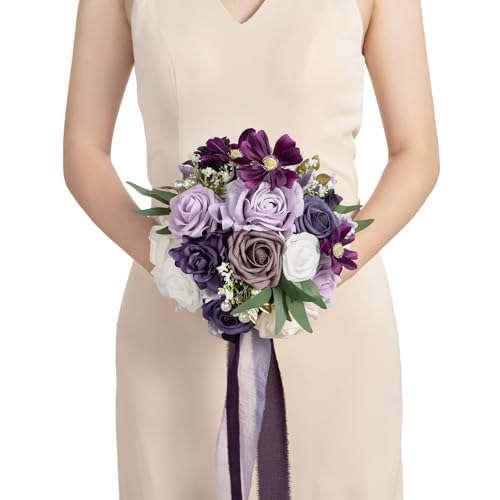 Ling's Moment Purple Bridal Bouquet for Bride, Lilac Wedding Bouquets for Bride Maid of Honor Bridesmaid, 9 Inch Silk Round Artificial Wedding Flowers Bouquets, Small Bridesmaid Bouquet - Artificial Flower Arrangements Product: Ling's Moment Purple Bridal Bouquet for Bride, Lilac Wedding Bouquets for Bride Maid of Honor Bridesmaid, 9 Inch Silk Round Artificial Wedding Flowers Bouquets, Small Bridesmaid Bouquet