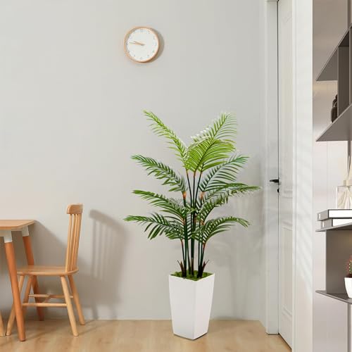 Product: 5FT Real Touch Artificial Palm Tree with White Planter - Faux Tropical Areca Floor Plant for Home & Office Décor