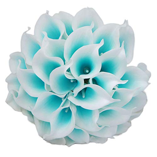 Lily Garden Luxury Calla Lily Bridal Wedding Bouquet 3 Dozen with Groom Boutonniere (Turquoise Picasso) - Artificial Flower Arrangements Product: Lily Garden Luxury Calla Lily Bridal Wedding Bouquet 3 Dozen with Groom Boutonniere (Turquoise Picasso)
