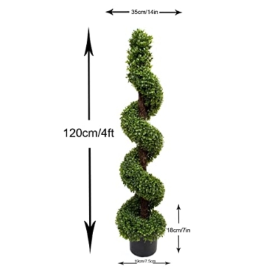 Product: 2 x Artificial Premium Quality Topiary Boxwood Spiral Trees in Black Pot for Indoor Outdoor Decor, UV Stable (4ft/120cm)