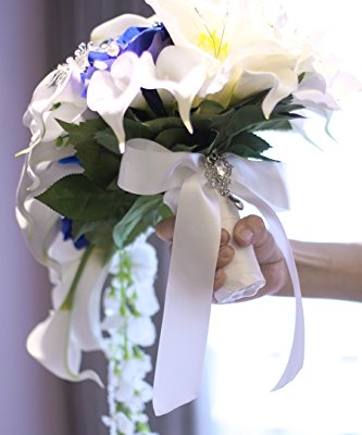 Silky Flower Store Artificial Bridal Bouquet Calla Lilies, Royal Blue Wedding Flowers, Faux Waterfall Bouquet, 37cm 10 10 Product: IFFO New Bridal Bouquet, Wedding Flowers, Calla Lilies, Artificial Flowers, Waterfalls, Water Drop Style, Collection Decorations (Royal Blue)