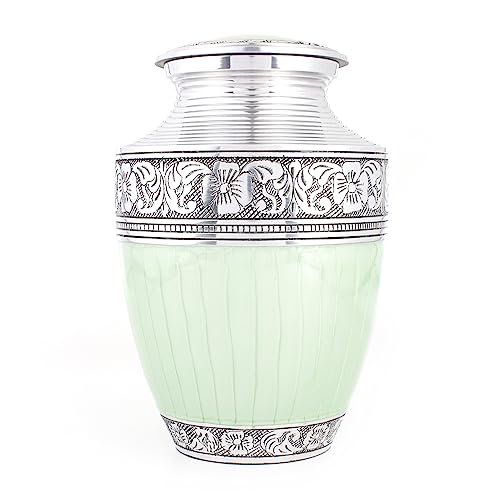 Product: Handcrafted Metal Alloy Cremation Urn for Human Ashes - Large, Engraved, Decorative Funeral Memorial Urn with Secure Screw-On Lid Hold Remains up to 200 lbs 10.5" (Green Silver) - ALPHA Living HOME