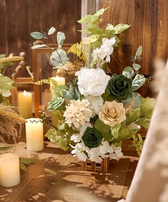 Silky Flower Store Artificial Flower Arrangements, Fall Wedding Decor, 17.5in Tall, Set of 4 9 9 Product: Ling's Moment 17.5" Tall Standing Artificial Flowers Arrangements 4pcs Fall Wedding Aisle Runner Chair Decorations Emerald & Tawny Beige Centerpieces for Ceremony Reception Rose Floral Party Outdoor