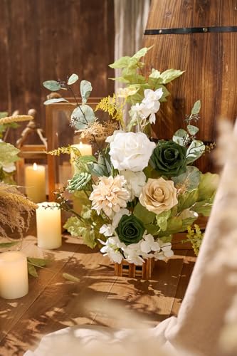 Silky Flower Store Artificial Flower Arrangements, Fall Wedding Decor, 17.5in Tall, Set of 4 2 2 Product: Ling's Moment 17.5" Tall Standing Artificial Flowers Arrangements 4pcs Fall Wedding Aisle Runner Chair Decorations Emerald & Tawny Beige Centerpieces for Ceremony Reception Rose Floral Party Outdoor
