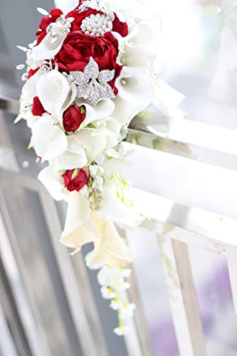 Silky Flower Store Bridal Bouquet Wedding Calla Lilies Rose Pearl Brooch Bouquet, Red, Handmade Faux Floral Arrangement 32.5cm 7 7 Product: IFFO Bridal Bouquets for Wedding, Calla Lilies Simulation Rose Diamonds Pearl Bride Wedding Bouquet, Romantic Wedding Party Decoration Confession (red)