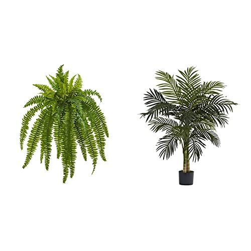 Product: Nearly Natural 35" Boston Fern (Set of 2) Silk Plants + 4ft. Golden Cane Palm Tree