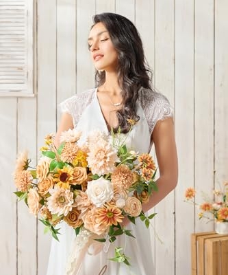 Silky Flower Store Sunflower Bridal Bouquet, Orange Wedding Bouquet for Bride, Silk Free Form Wedding Flowers, 15 Inch 10 10 Product: Ling's Moment Sunflower Bridal Bouquet, Orange Wedding Bouquets for Bride, 15 Inch Silk Free Form Bridal Bouquets Artificial Wedding Flower Bouquet