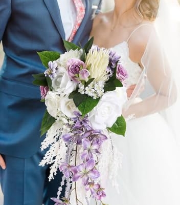 Silky Flower Store Bridal Bouquet Purple White Silk Wedding Flowers, Artificial Wedding Bouquet, Ivory Roses, 9 Inch 13 13 Product: INSUNSIX Bridal Bouquet,9 Inch Wedding Bouquets Purple and White Fake Wedding Silk Flowers for Ceremony Anniversary Brides Shower(Purple)