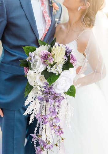 Silky Flower Store Bridal Bouquet Purple White Silk Wedding Flowers, Artificial Wedding Bouquet, Ivory Roses, 9 Inch 4 4 Product: INSUNSIX Bridal Bouquet,9 Inch Wedding Bouquets Purple and White Fake Wedding Silk Flowers for Ceremony Anniversary Brides Shower(Purple)