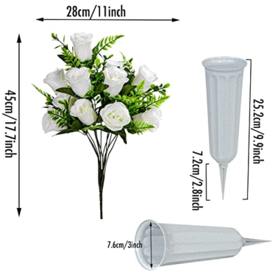 Product: Artificial Cemetery Flowers with Vase, Artificial Rose Bouquet Grave Memorial Flowers for Cemetery Headstones Decoration, Set of 2