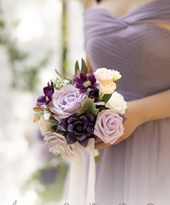 Product: Ling's Moment Artificial Flowers Purple Bridesmaid Bouquet Set of 4, Lilac and Gold Wedding Flowers Bouquets for Bridesmaids, 7 Inch Bridal Bouquets for Bridesmaids, Wedding, Ceremony, Anniversary, et