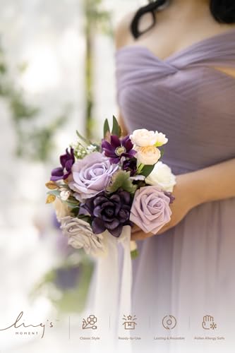 Product: Ling's Moment Artificial Flowers Purple Bridesmaid Bouquet Set of 4, Lilac and Gold Wedding Flowers Bouquets for Bridesmaids, 7 Inch Bridal Bouquets for Bridesmaids, Wedding, Ceremony, Anniversary, et