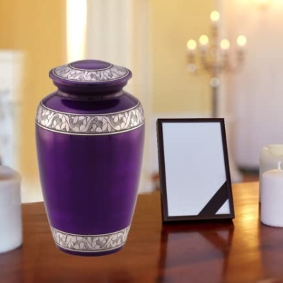 Product: Mulberry with Silver Band Cremation Urn for Human Ashes - Funeral Urn Handcrafted - Affordable Urn for Ashes - Large Urn with Bag