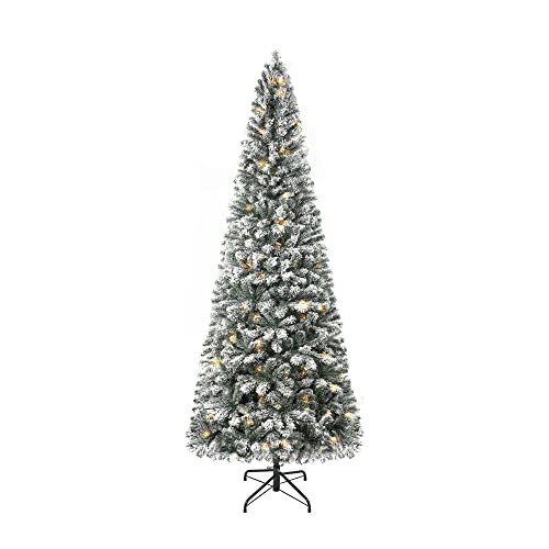 Product: Naomi Home Salzburg 6.5ft Frosted Prelit Slim Artificial Christmas Tree with 864 Branch Tips, 250 Warm Lights and Metal Stand, 30" Wide Realistic Snow Flocked Skinny Pencil Christmas Tree