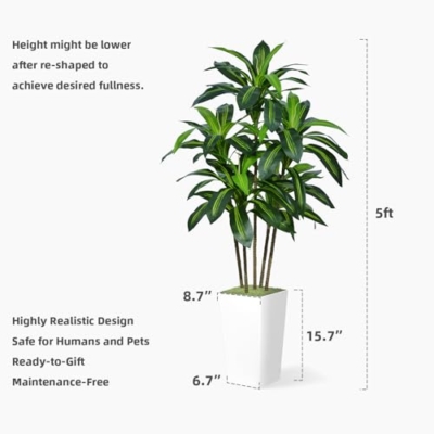 Product: ASTIDY Artificial Dracaena Tree 5FT - Faux Tree with White Tall Planter - Fake Tropical Yucca Floor Plant in Pot - Artificial Silk Tree for Home Office Living Room Decor Indoor