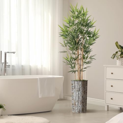 Product: Artificial Tree in Black and Brown Striped Planter, Fake Bamboo Silk Tree for Indoor and Outdoor Home Decoration - 70" Overall Tall (Plant Pot Plus Tree)