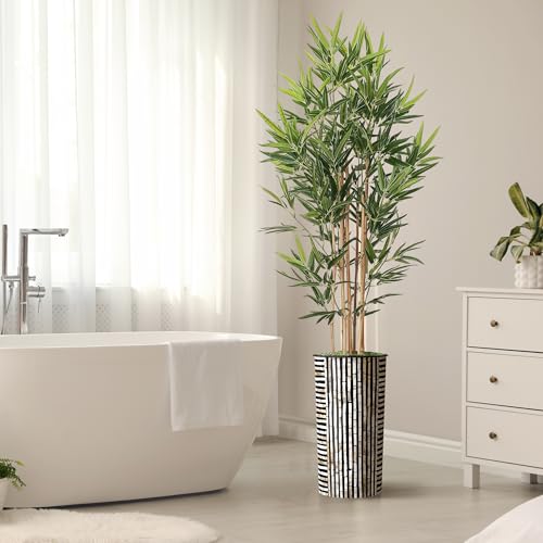 Product: Artificial Tree in Black and Brown Striped Planter, Fake Bamboo Silk Tree for Indoor and Outdoor Home Decoration - 70" Overall Tall (Plant Pot Plus Tree)