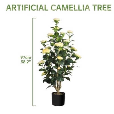 Silky Flower Store Artificial Camellia Tree, Yellow Faux Camellia Plant, Indoor Outdoor Home Office Decor, 3FT 2Pack 12 12 Product: Romantic Season 2Pack Artificial Camellia Tree, 3FT Yellow Faux Camellia Plant for Modern Home, Office & Living Room Floor Decor