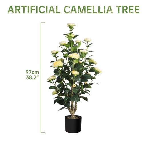 Silky Flower Store Artificial Camellia Tree, Yellow Faux Camellia Plant, Indoor Outdoor Home Office Decor, 3FT 2Pack 5 5 Product: Romantic Season 2Pack Artificial Camellia Tree, 3FT Yellow Faux Camellia Plant for Modern Home, Office & Living Room Floor Decor
