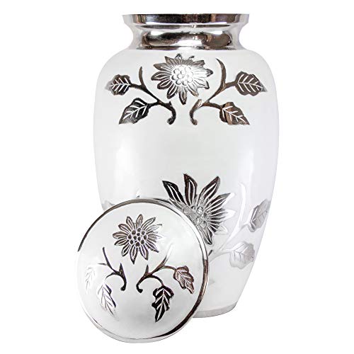 Product: Large Pearl White Funeral Cremation Urn for Human Ashes with Personalization and Velvet Box