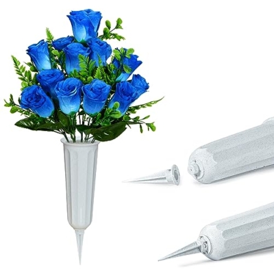 Product: Artificial Cemetery Flowers with Vase, Artificial White Rose Bouquet Grave Memorial Flowers for Cemetery Headstones Decoration, (Set of 2, Blue) Self-assemble