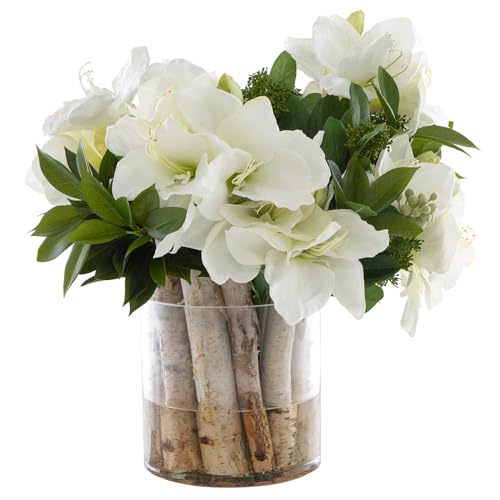 20" Hx22 W Amaryllis, Skimmia, Berry & Birch Silk Flower Arrangement w/Glass Vase -White/Green - Artificial Flower Arrangements Product: 20" Hx22 W Amaryllis, Skimmia, Berry & Birch Silk Flower Arrangement w/Glass Vase -White/Green