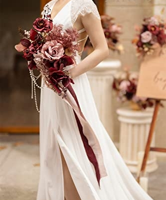 Silky Flower Store Red Burgundy Cascading Bridal Bouquet, Artificial Wedding Bouquet, Mauve Wine Bridal Flowers, 13 Inch x 20 Inch 9 9 Product: Ling's Moment Red Bridal Bouquet Cascading, Burgundy Wedding Bouquets for Bride, 13 Inch Bride Bouquets for Wedding Artificial Flowers Bouquets