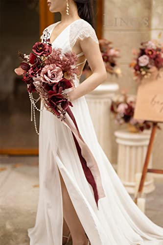 Silky Flower Store Red Burgundy Cascading Bridal Bouquet, Artificial Wedding Bouquet, Mauve Wine Bridal Flowers, 13 Inch x 20 Inch 2 2 Product: Ling's Moment Red Bridal Bouquet Cascading, Burgundy Wedding Bouquets for Bride, 13 Inch Bride Bouquets for Wedding Artificial Flowers Bouquets