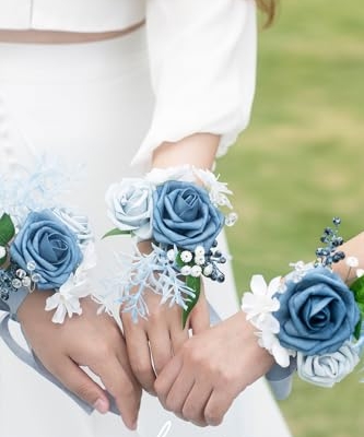 Product: Ling's Moment Dusty Blue Wedding Bouquets Package - 11" Bridal Bouquet, Bridesmaid Bouquets (Set of 4), Boutonnieres for Men (Set of 6), Wrist Corsage Bracelet (Set of 6)