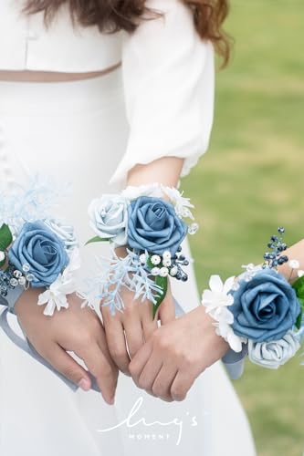 Product: Ling's Moment Dusty Blue Wedding Bouquets Package - 11" Bridal Bouquet, Bridesmaid Bouquets (Set of 4), Boutonnieres for Men (Set of 6), Wrist Corsage Bracelet (Set of 6)