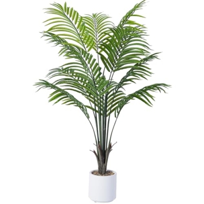 Product: Artificial Areca Palm Tree 4FT Fake Potted Plant Faux Silk Tropical Areca Palm with 12 Trunks & Real Bark Design, Large Aritificial Plant in White Pot for Home Living Room House Warmming Floor Decor
