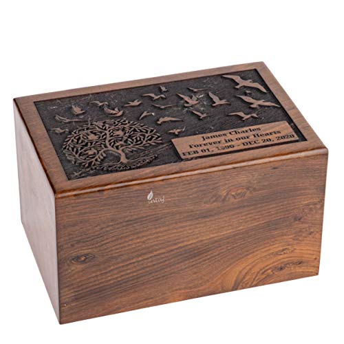 Product: INTAJ Cremation Urn for Human Ashes Adult Male Female - Tree of Life Wooden Box Urn for Ashes - Handmade Decorative Funeral Urn (Customised Tree Birds, L (9x6x5) 185 Cu/in)