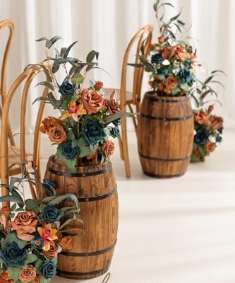 Silky Flower Store Tall Artificial Fall Wedding Aisle Flowers, Teal Burnt Orange Rose Centerpieces, 4pc Ceremony Reception Decor, 17.5in 12 12 Product: Ling's Moment 17.5" Tall Standing Artificial Flowers Arrangements 4pcs Fall Wedding Aisle Runner Chair Decorations Teal Burnt Orange Centerpieces Ceremony Reception Rose Floral Party Outdoor