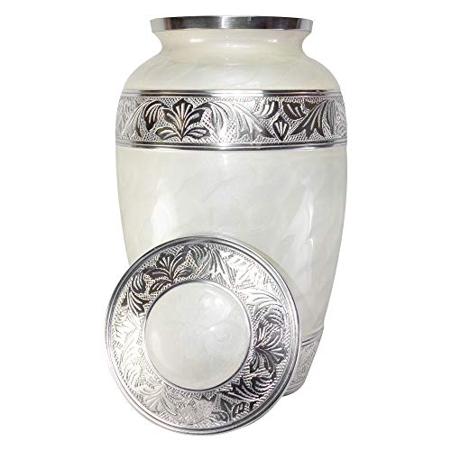 Silky Flower Store Adult Cremation Urn, Pearl White Enamel Urn with Hand Etched Detail, Personalization, Velvet Box, 10.5in H x 6.5in 4 4 Product: Adult Funeral Cremation Urn, White Ash Urns with Personalization and Velvet Box