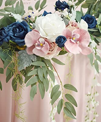 Silky Flower Store Faux Eucalyptus Willow Leaf Garland, White Flower Dusty Rose Navy Wedding Decor, 9FT 8 8 Product: Ling's Moment 9FT Eucalyptus and Willow Leaf Garland with White Flower, Handcrafted Wedding Sweetheart Table Centerpieces Head Table Decor Arch Backdrop Decorations for Wedding | Dusty Rose & Navy