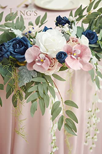 Silky Flower Store Faux Eucalyptus Willow Leaf Garland, White Flower Dusty Rose Navy Wedding Decor, 9FT 3 3 Product: Ling's Moment 9FT Eucalyptus and Willow Leaf Garland with White Flower, Handcrafted Wedding Sweetheart Table Centerpieces Head Table Decor Arch Backdrop Decorations for Wedding | Dusty Rose & Navy