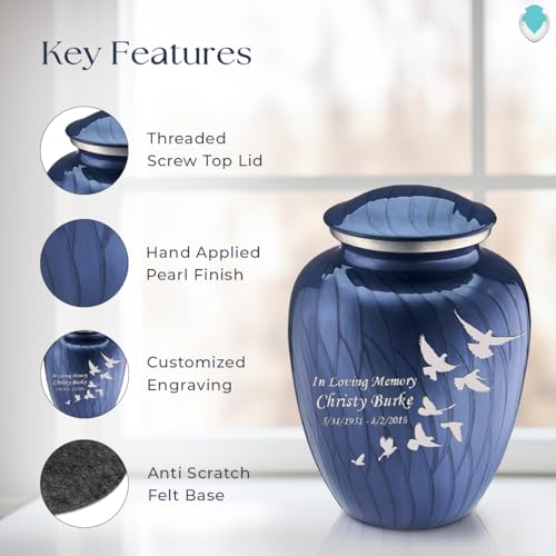 Product: Geturns Embrace Adult Personalized Doves Cremation Urns for Human Ashes I Large Pearl Cobalt Blue Funeral Urn for Adult Men and Women with Double Side Engraving I 200 lbs