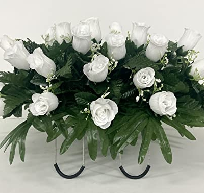Product: White rose cemetery saddle~Cemetery Arrangement~Graveside Decorations~Headstone Saddle~Saddle Arrangement~Sympathy Flowers~Grave decor~Cemetery Flower Service Subscription~cemetery saddle