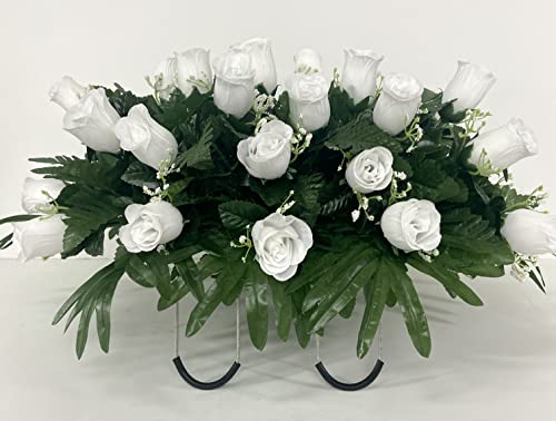 Product: White rose cemetery saddle~Cemetery Arrangement~Graveside Decorations~Headstone Saddle~Saddle Arrangement~Sympathy Flowers~Grave decor~Cemetery Flower Service Subscription~cemetery saddle