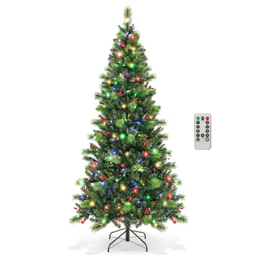 Product: HOMGX 7ft Pre-Lit Christmas Tree with 400 Multi-Color LED Lights, Hinged Xmas Pine Tree w/ 974 PVC Branch Tips, 36 Red Berries, Remote & Timer, 9 Lighting Modes Artificial Christmas Tree