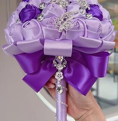 Product: Sharebeauty 9.4" Handmade Satin Rose Bridal Bouquet Toss Round Wedding Bouquet Throw Toss Artificial Flower Bunch Light Purple + Purple