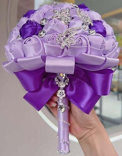 Product: Sharebeauty 9.4" Handmade Satin Rose Bridal Bouquet Toss Round Wedding Bouquet Throw Toss Artificial Flower Bunch Light Purple + Purple