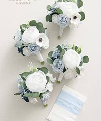 Silky Flower Store Dusty Blue Bridesmaid Bouquet Set of 4, Artificial Silk Foam Wedding Flowers, Blue White Bridal Bouquets, 7 Inch 17 17 Product: Ling's Moment Artificial Flowers Dusty Blue Bridesmaid Bouquet Set of 4, Blue & White Wedding Flowers Bouquets for Bridesmaids, 7 Inch Bridal Bouquets for Bridesmaids