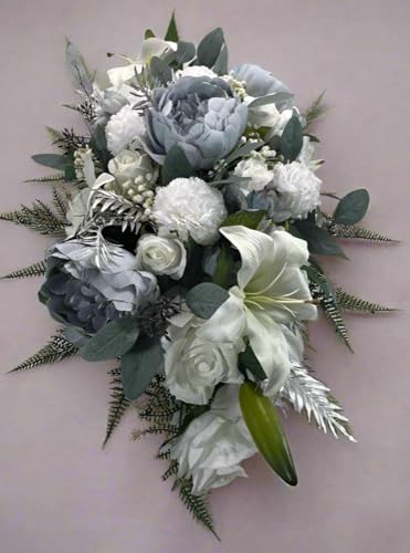 Silky Flower Store Artificial White Memorial Flowers Blue Christmas Casket Spray, Gravesite Tribute Floral Arrangement, UV Resistant 32.5cm 3 3 Product: Elegant Artificial White Memorial Flowers & Blue Christmas Casket Spray - Outdoor Funeral Decorations for Graves & Yards