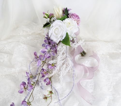 Silky Flower Store Bridal Bouquet Purple White Silk Wedding Flowers, Artificial Wedding Bouquet, Ivory Roses, 9 Inch 3 3 Product: INSUNSIX Bridal Bouquet,9 Inch Wedding Bouquets Purple and White Fake Wedding Silk Flowers for Ceremony Anniversary Brides Shower(Purple)