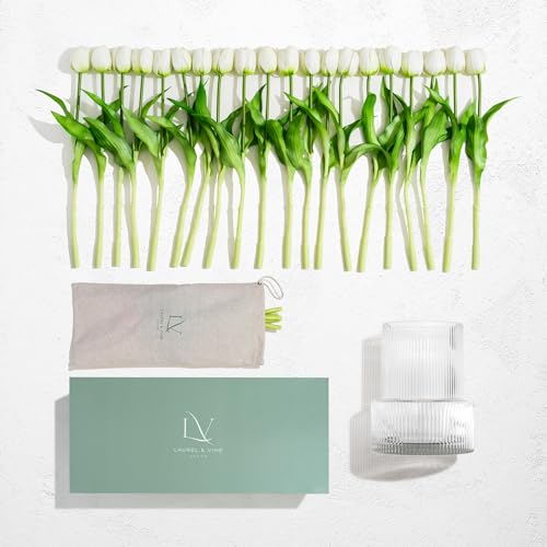 Silky Flower Store Artificial Tulip and Ribbed Glass Vase Set, 20 White Tulips Gift Arrangement, Elegant Home Décor 20cm 5 5 Product: Tulip and Vase Ribbed Glass with 20 White Tulips Artificial Flowers Gift Set Fluted Clear Flower Short Vase and Fake Tulips Look Real Entryway Living Room Table Office Shelf Decor Faux High End Gift