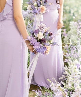 Silky Flower Store Purple Bridesmaid Bouquet Set of 4, Lavender Artificial Wedding Flowers, Silk Foam Posy, 7 Inch 12 12 Product: Ling's Moment Artificial Flowers Purple Bridesmaid Bouquet Set of 4, Lavender Wedding Flowers Bouquets for Bridesmaids, 7 Inch Bridal Bouquets for Bridesmaids, Wedding, etc