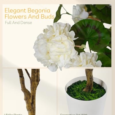 Product: Leflos 4.25ft Artificial Begonia Flower Tree, Faux Begonia Tree with 74 White Flowers, Fake Potted Blooming Floral Plant in White Pot Filled with Dry Moss for Home Indoor Decor