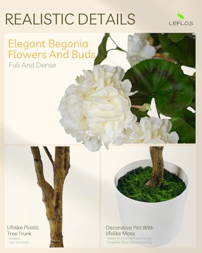 Product: Leflos 4.25ft Artificial Begonia Flower Tree, Faux Begonia Tree with 74 White Flowers, Fake Potted Blooming Floral Plant in White Pot Filled with Dry Moss for Home Indoor Decor